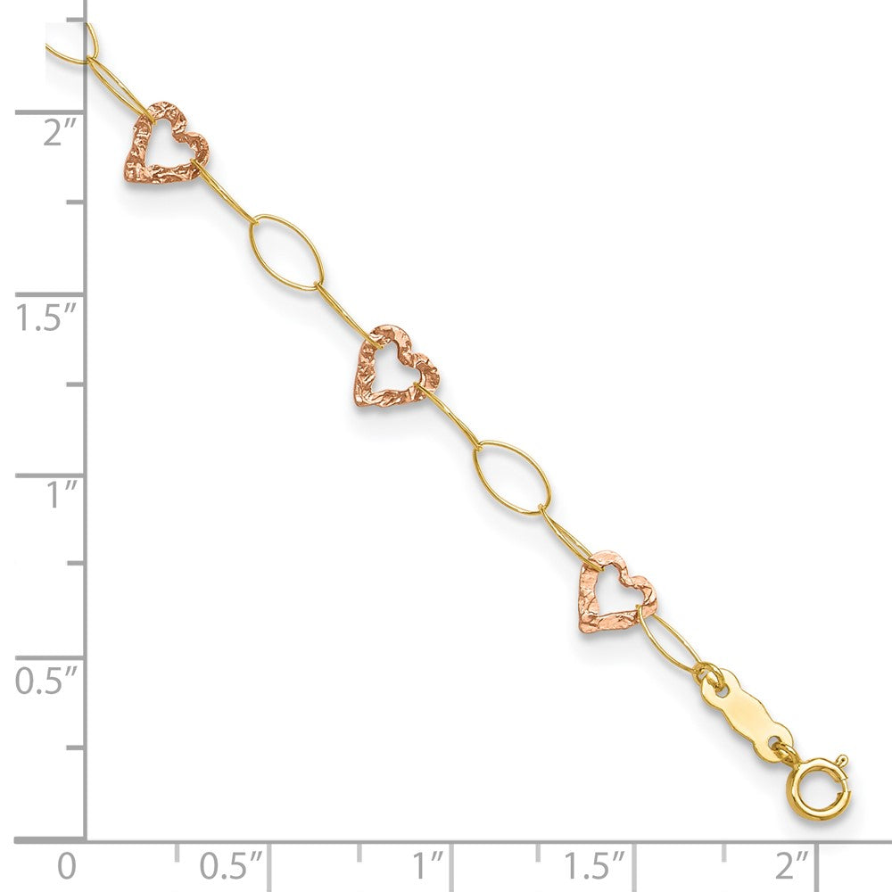 14k Two-tone Adjustable Heart 9in Plus 1in extension Anklet 9 inches