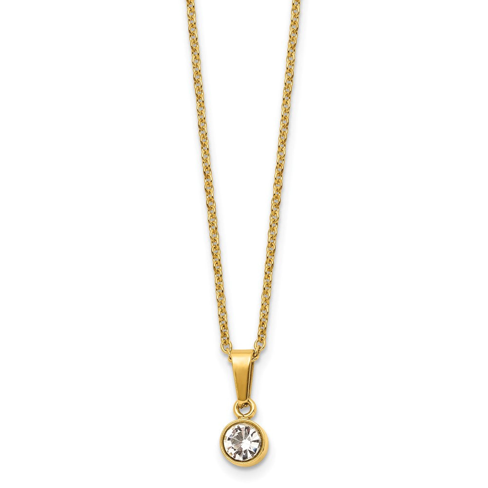 Stainless Steel Polished Yellow IP w/Crystal 16in w/2in ext. Necklace