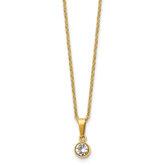Stainless Steel Polished Yellow IP w/Crystal 16in w/2in ext. Necklace