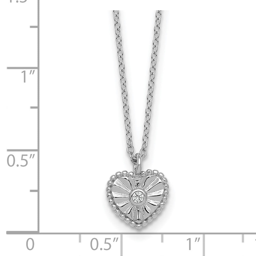 Sterling Silver Rhodium-plated Polished Beaded and Textured CZ Heart 16 Inch with 2 Inch Extension Necklace 16 Inches