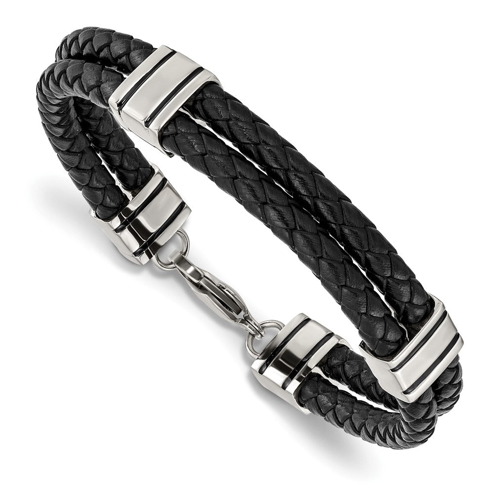 Stainless Steel Polished Braided Black Leather 9in Bracelet 9 inches
