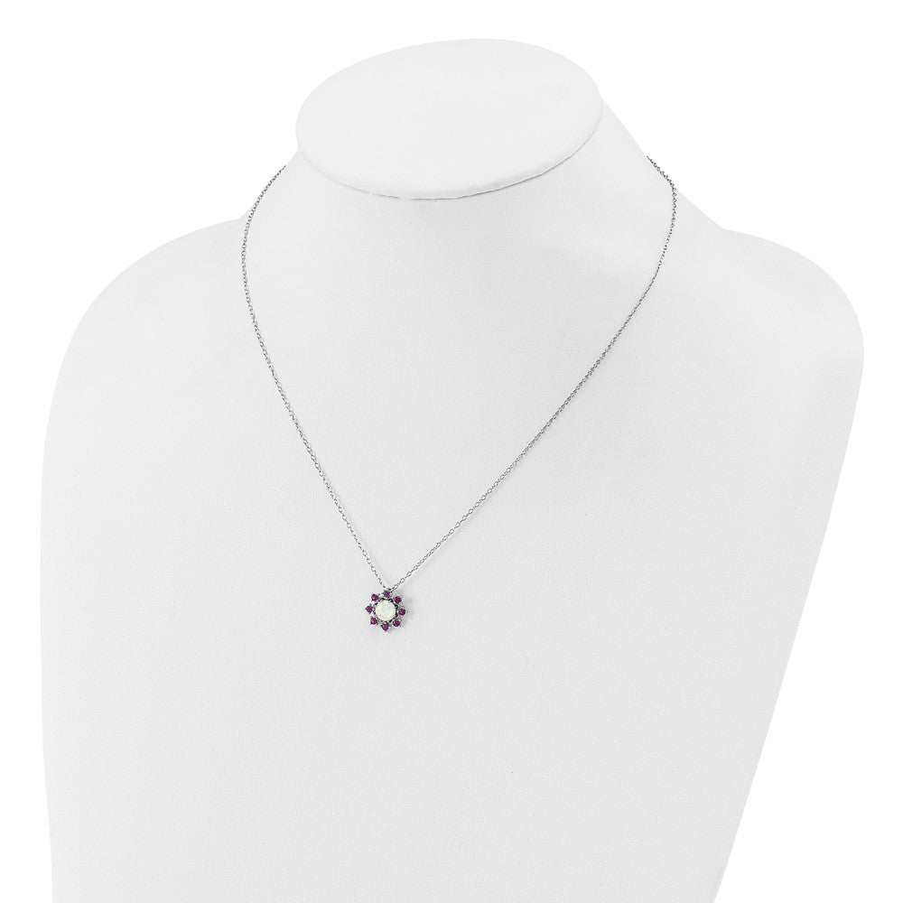 Cheryl M Sterling Silver Rhodium-plated Polished Created Opal and Pink Crystal Flower Necklace 18 Inches