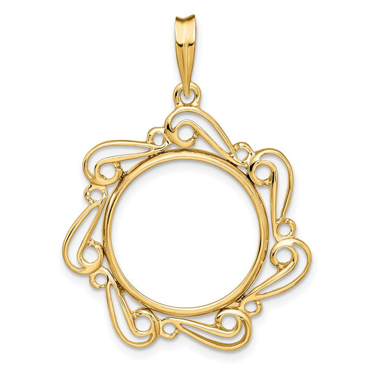 Wideband Distinguished Coin Jewelry 14k Polished Curved Scroll 17.8mm Prong Coin Bezel Pendant