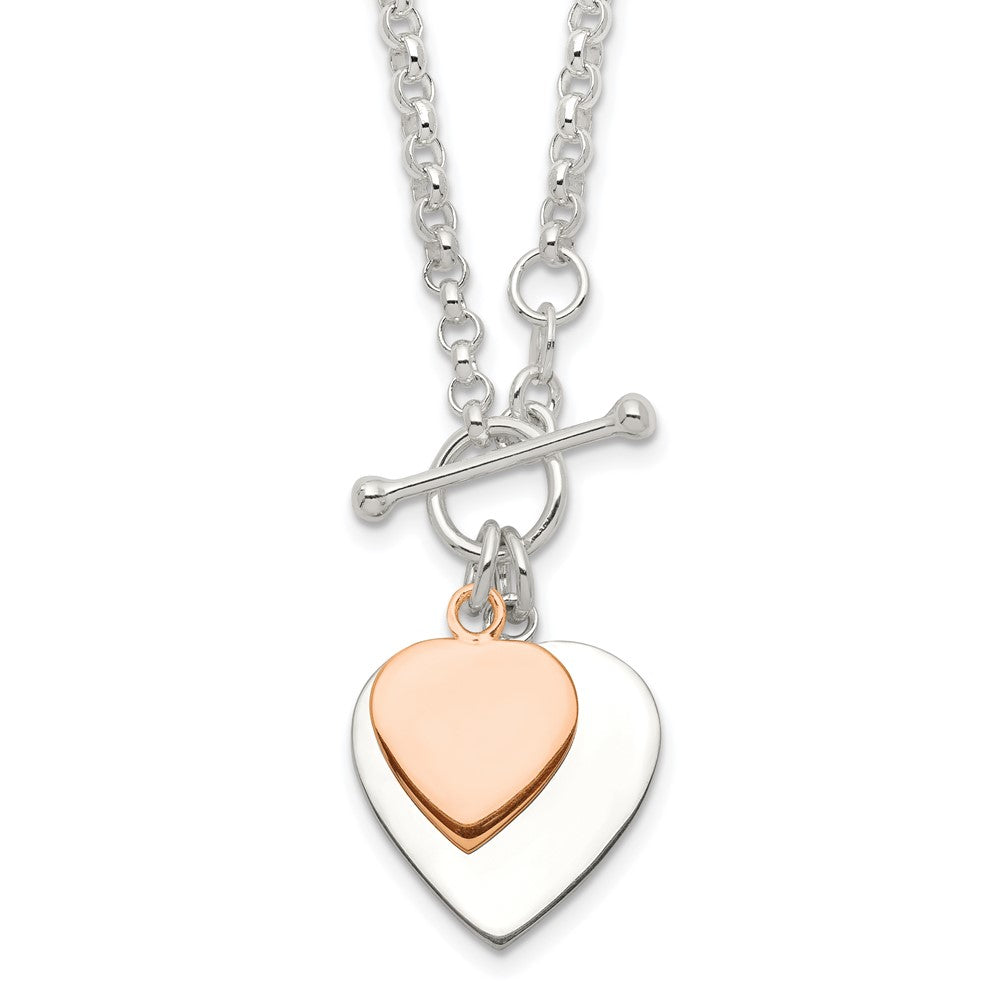 Sterling Silver w/Rose gold-plat Engraveable Double Heart Toggle Necklace 18 Inches