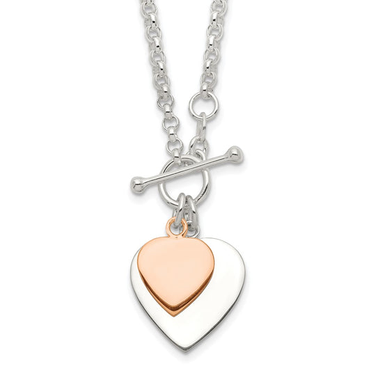 Sterling Silver w/Rose gold-plat Engraveable Double Heart Toggle Necklace 18 Inches