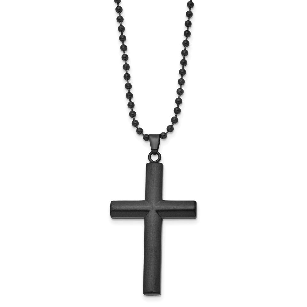 Stainless Steel Brushed and Polished Black IP-plated Cross 24in Necklace