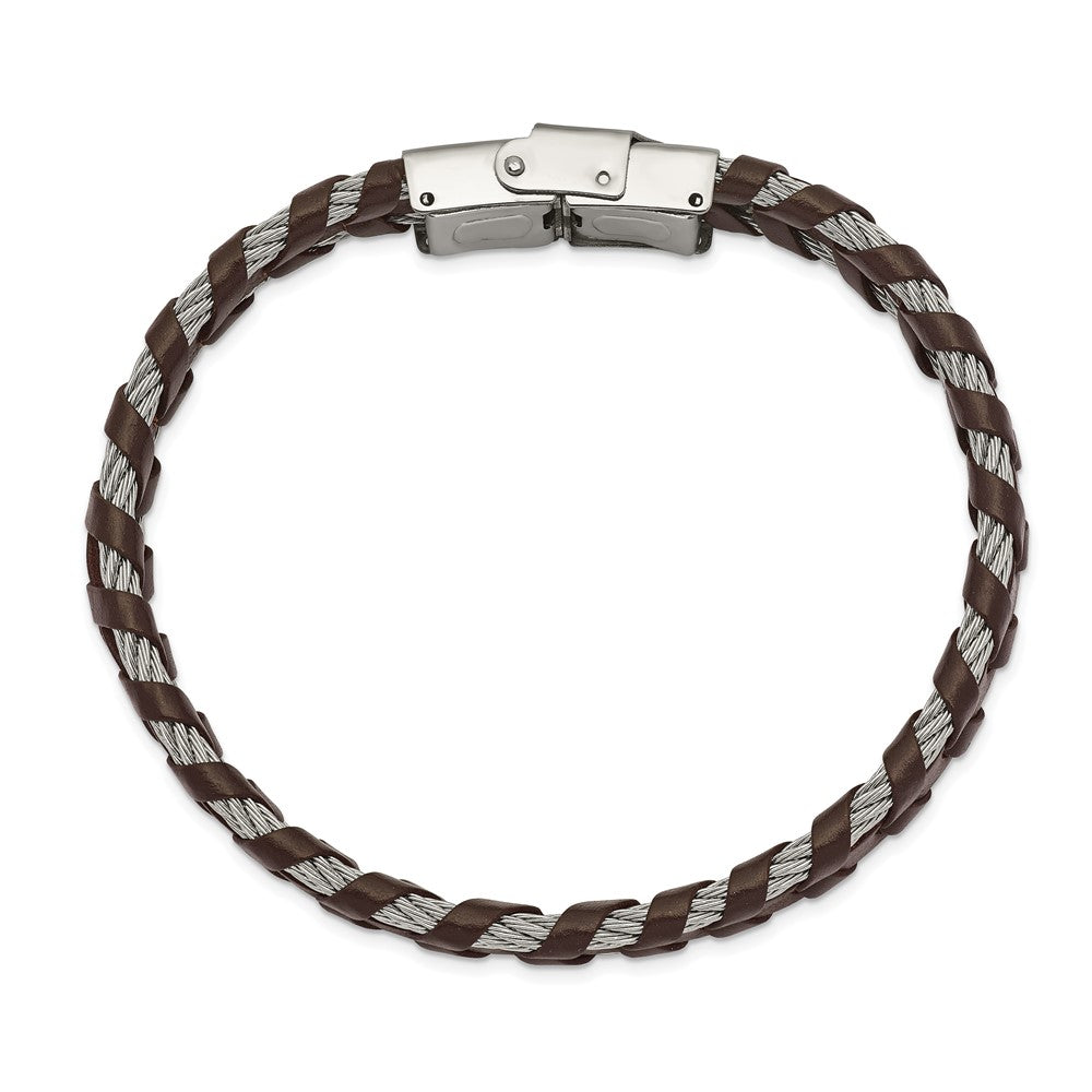 Stainless Steel Polished Cable and Brown Leather 8.25in Bracelet 8.25 inches
