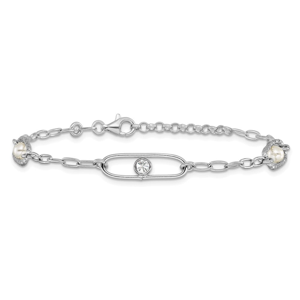 Sterling Silver Rh-plated CZ and Crystal Pearl w/1in ext. Bracelet