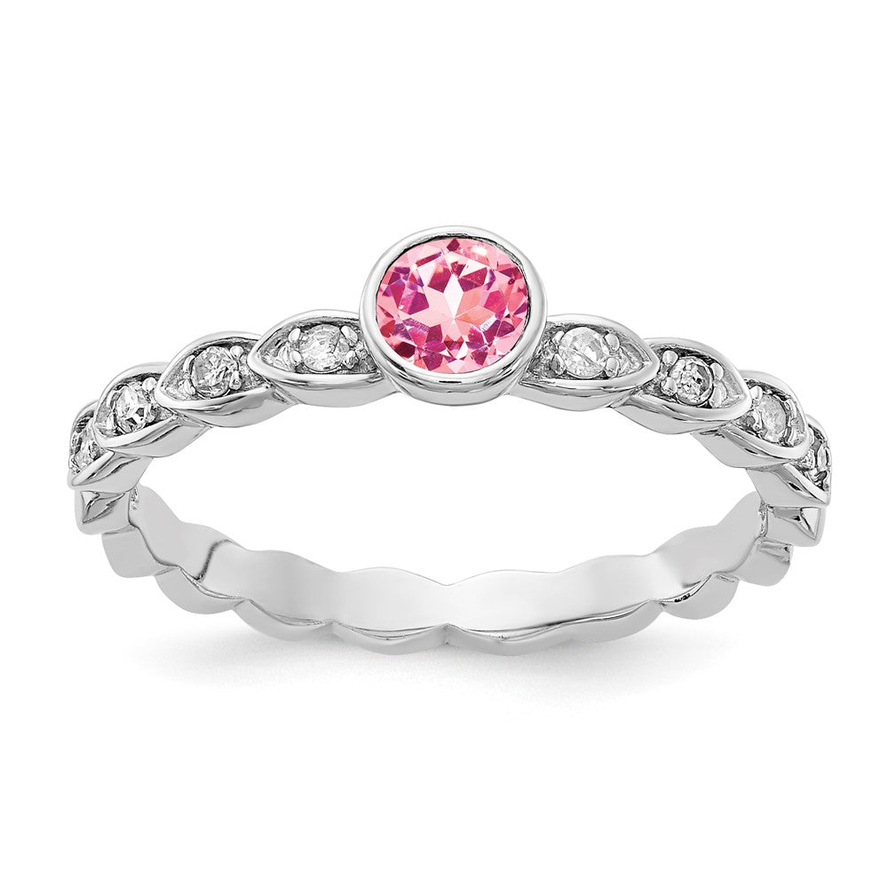 Sterling Silver Rose Tone Created Pink Sapphire and Diamond Ring
