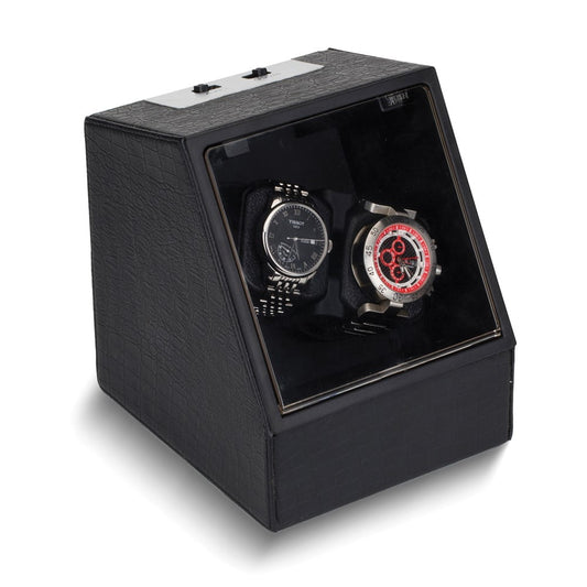 Rotations Black Faux Leather with Acrylic Window Wood Composite Dual Watch Winder (AC or Batteries) QGM18022
