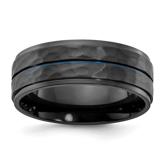 Black Zirconium Brushed Polished & Hammered w/Blue IP 8mm Band Size - 8.5