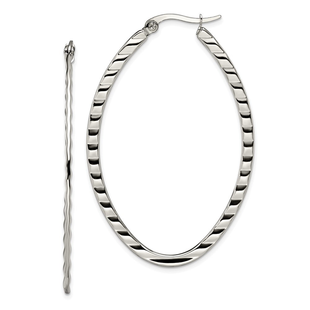 Stainless Steel Polished and Textured Oval Hoop Earrings