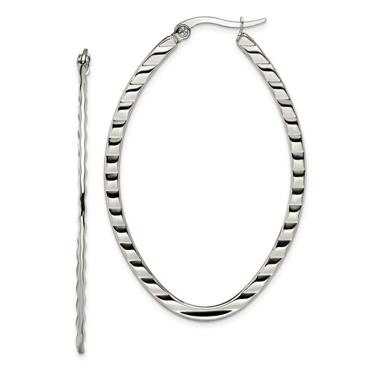 Stainless Steel Polished and Textured Oval Hoop Earrings