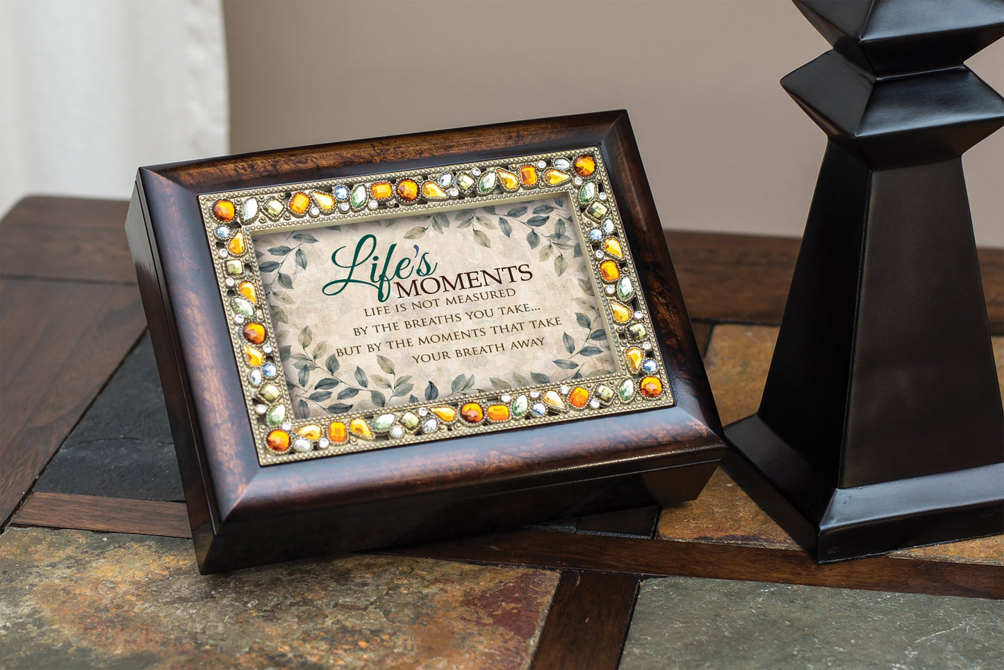 8" Brown and Green Italian Style Rectangular "Life's MOMENTS" Printed Musical Box