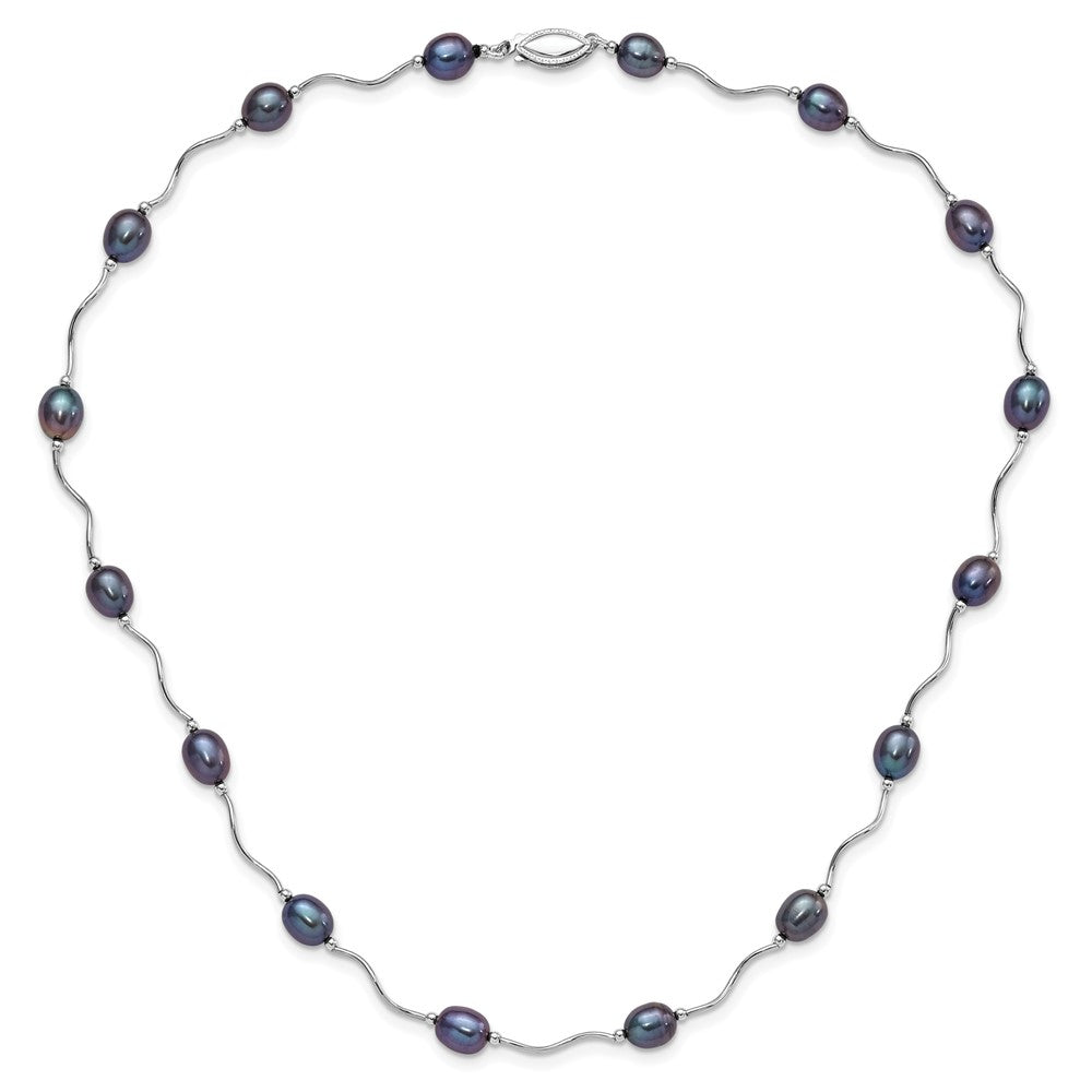 Sterling Silver Rhodium-plated 6-7mm Black Rice Freshwater Cultured Pearl 16-Station 18 inch Necklace 18 Inches