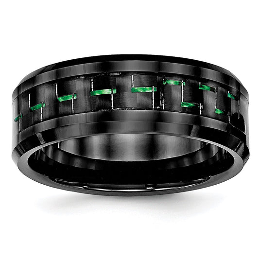 Ceramic Black with Green Carbon Fiber Inlay Beveled Edge Ring Size - 7.5