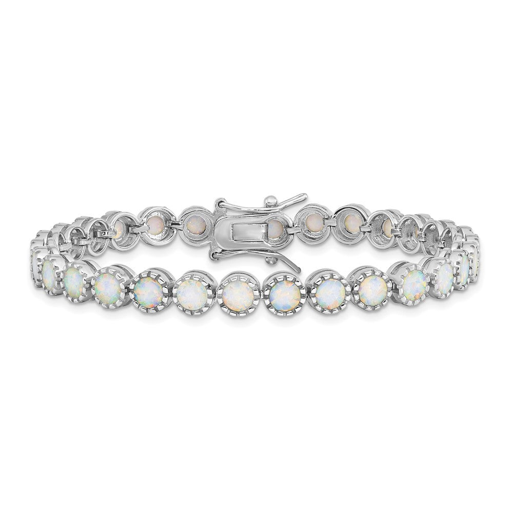 Sterling Silver Rhodium-plated Beaded White Created Opal Inlay Bracelet 7 inches