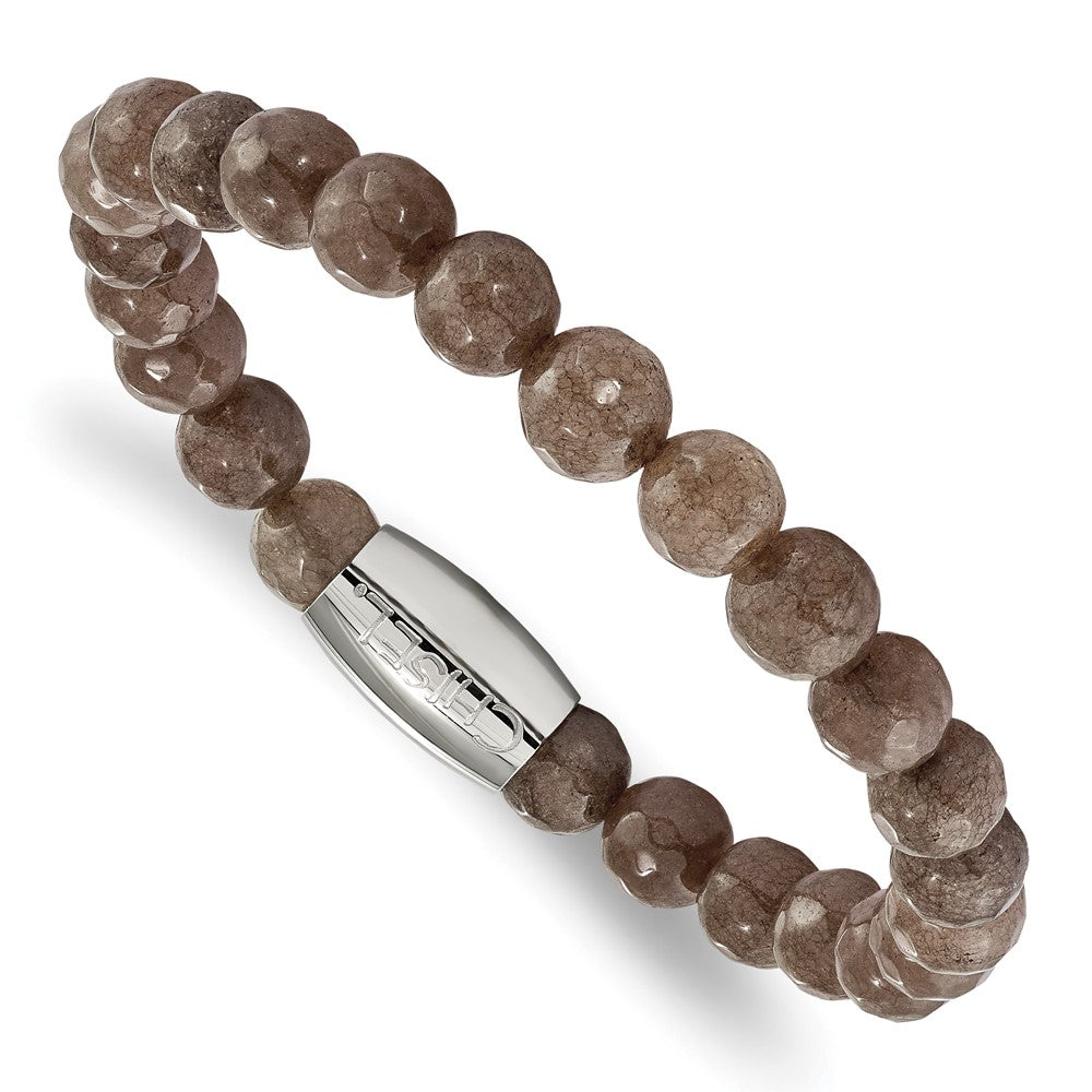 Stainless Steel Polished Brown Jade Bead Stretch Bracelet 7.25 inches
