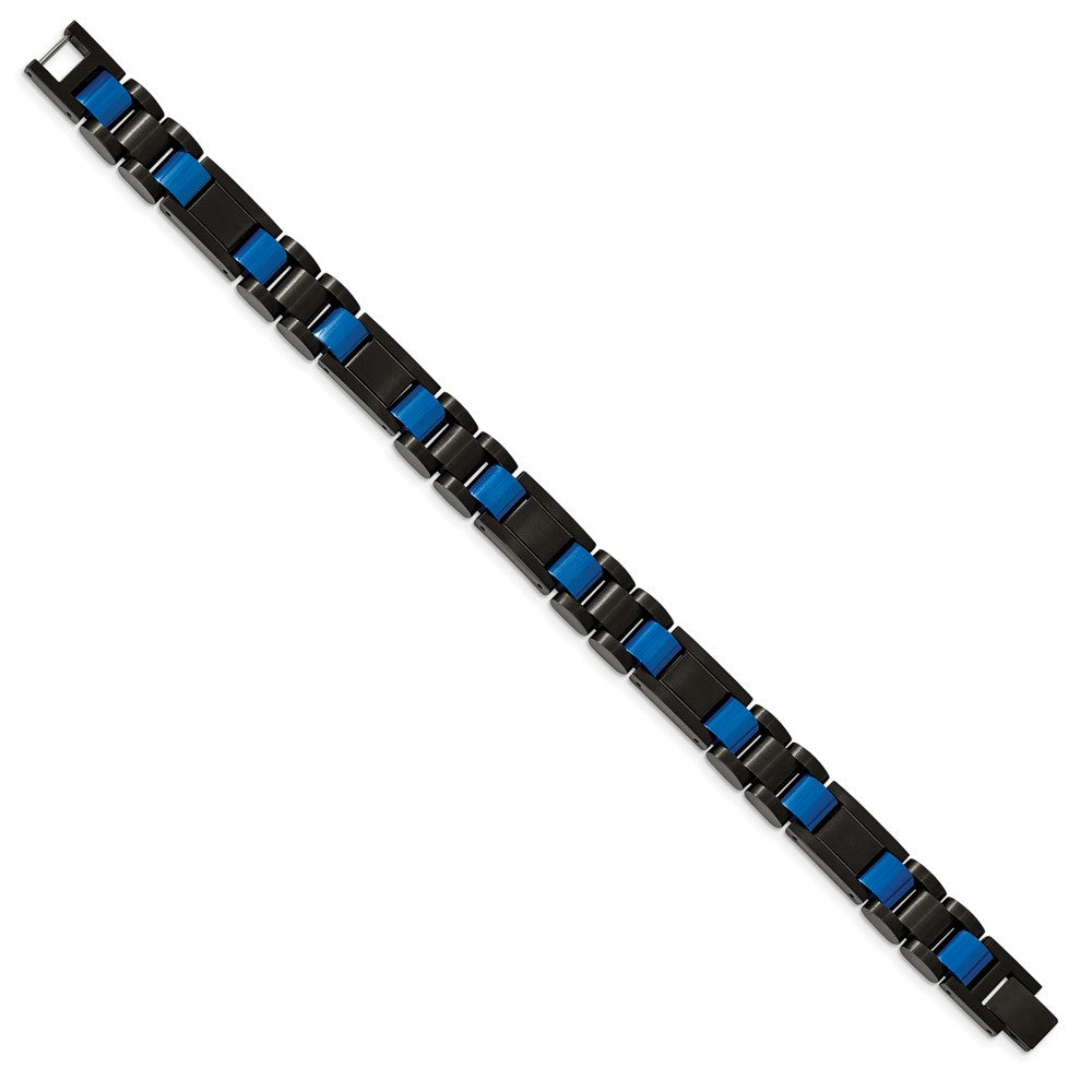 Stainless Steel Brushed & Polished Black & Blue IP-plated 8.75in Bracelet 8.75 inches