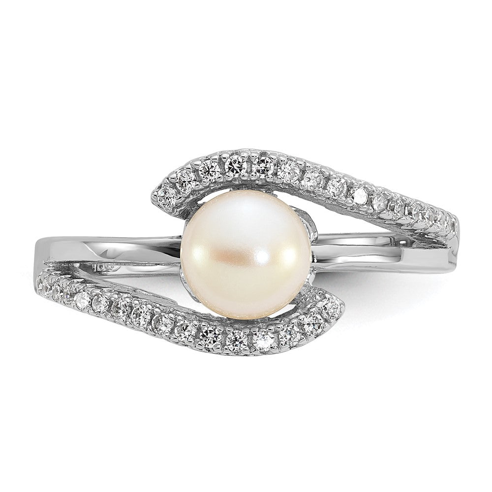 Sterling Silver Rhodium-plated Polished CZ and 6-7mm Freshwater Cultured Pearl Size 6 Ring