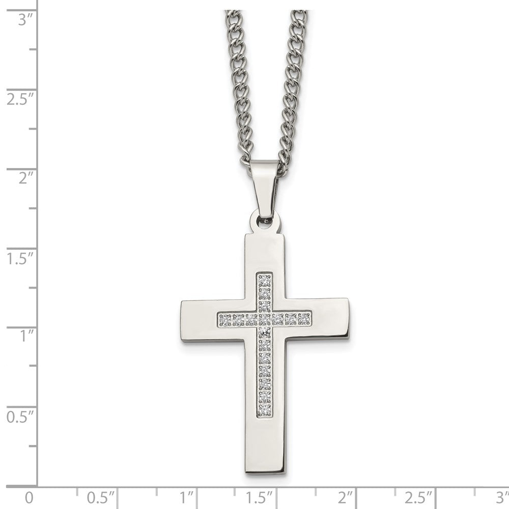 Stainless Steel Polished w/CZ Cross 24in Necklace