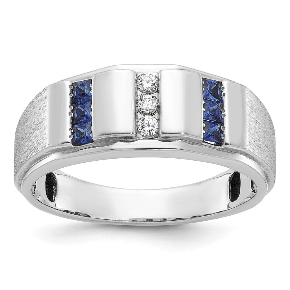 IBGoodman 14k White Gold Men's Polished and Satin 3-Row Lab Created Sapphire and 1/10 Carat AA Quality Diamond Ring Size 10