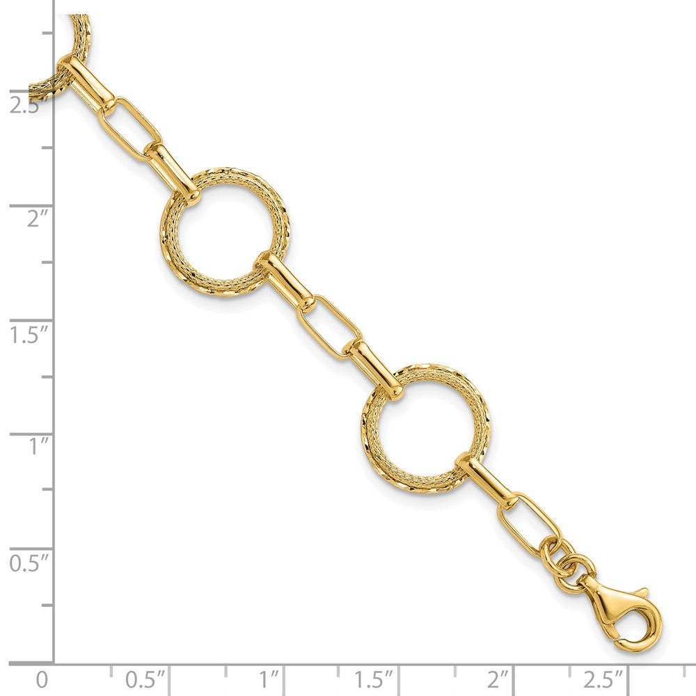 14K Polished/Dia-cut/Textured Circles Fancy Link Bracelet 7  inches