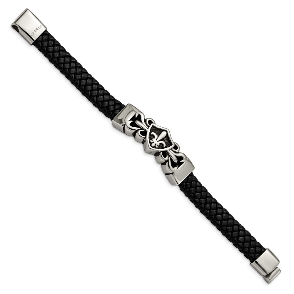 Stainless Steel Antiqued & Polished Fleur de Lis Black Leather Bracelet 8.25 inches