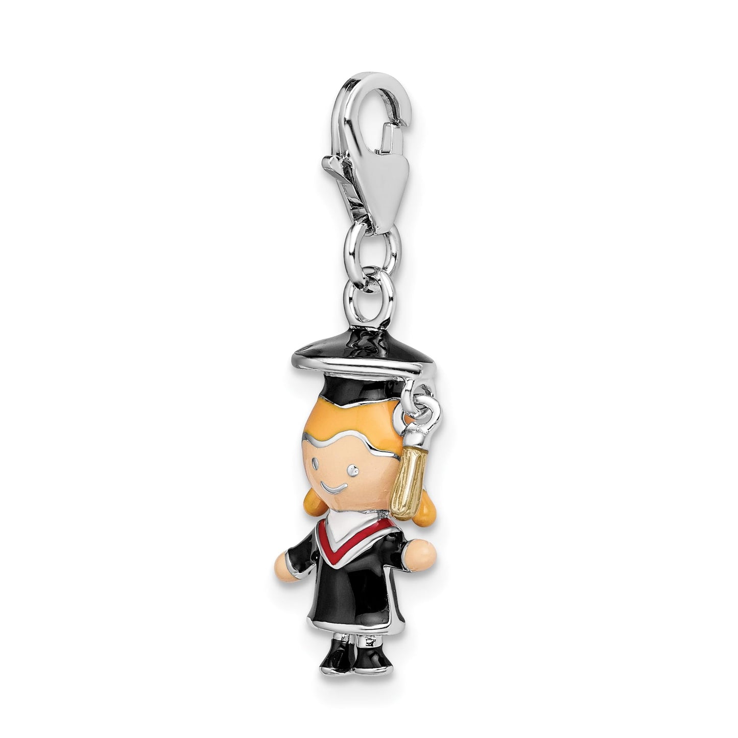 Amore La Vita Sterling Silver Rhodium-plated Polished 3-D Enameled Girl Graduate Charm with Fancy Lobster Clasp