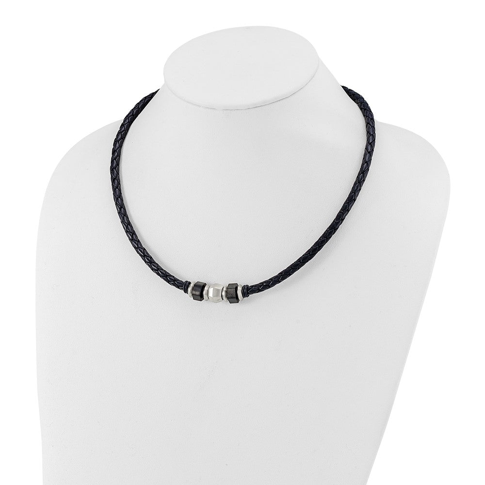 Stainless Steel Brushed Black IP-plated Leather & Rubber Necklace
