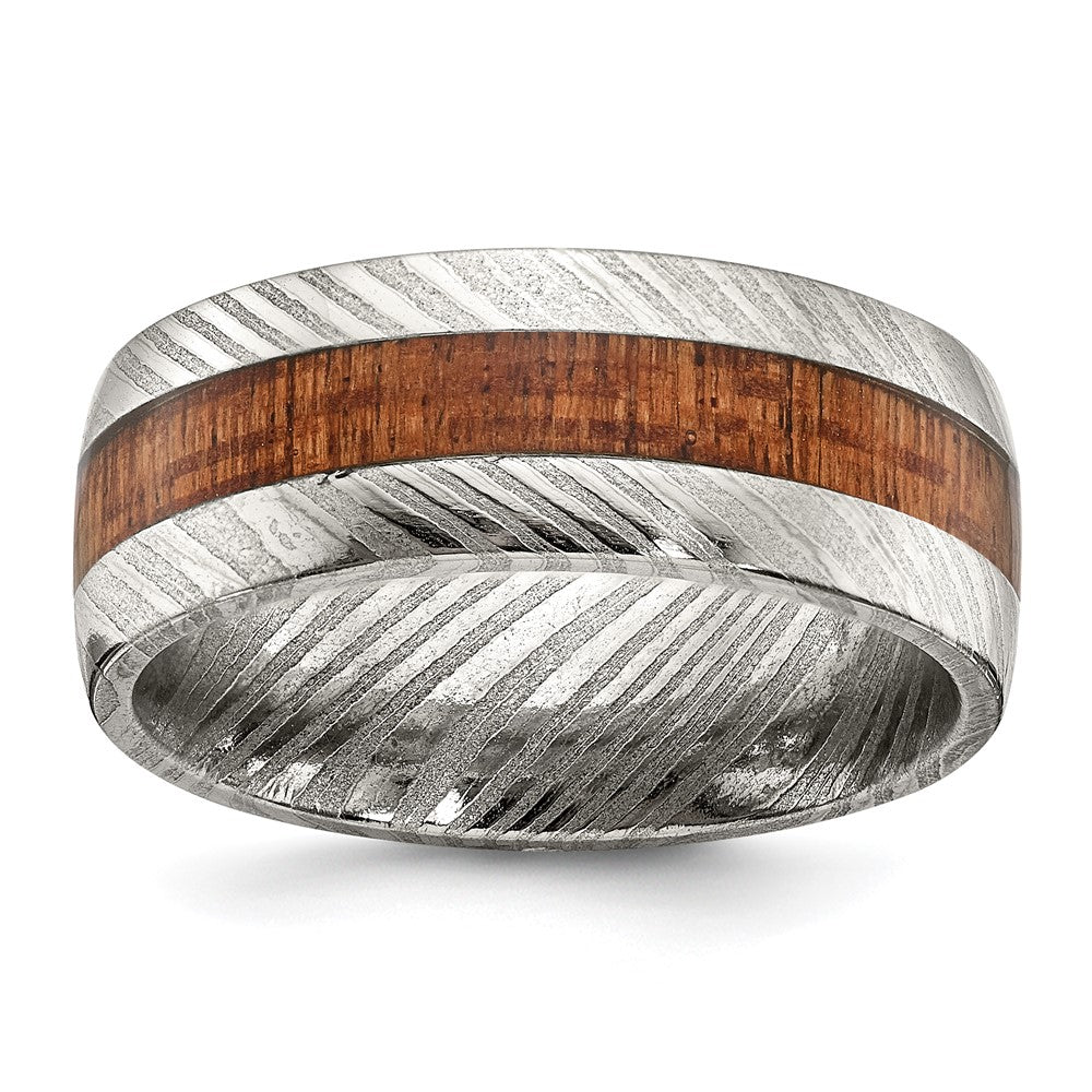 Damascus Steel Polished with Sapele Wood Inlay 8mm Band Size - 9