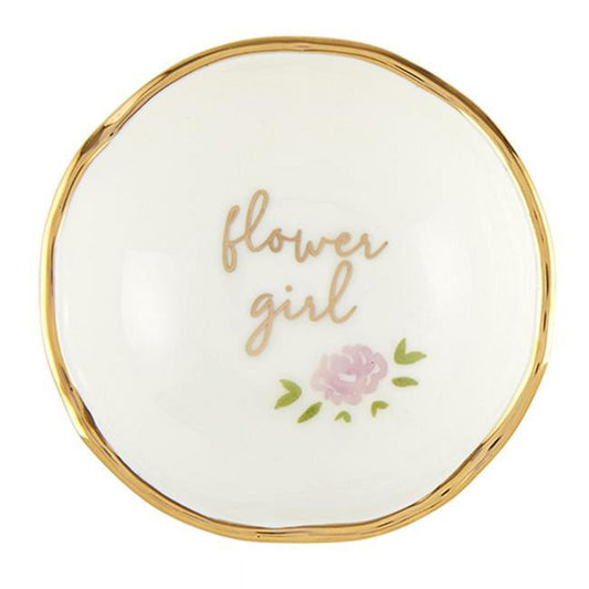 4" White and Gold Jewelry Dish with Flower Girl Print