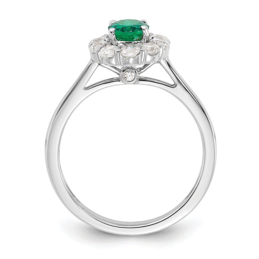 10k White Gold 5/8 carat Lab Grown Diamond VS/SI+ G+ and Oval Lab Created Emerald Halo Fashion Ring