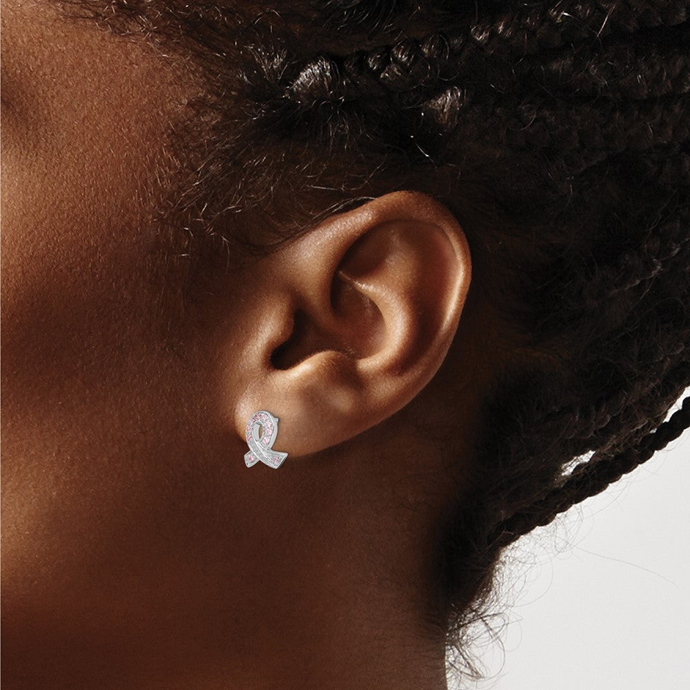 Sterling Silver Rhodium-plated Pink CZ Ribbon Earrings