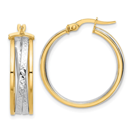 14K with Rhodium Polished and Diamond-cut Hoop Earrings