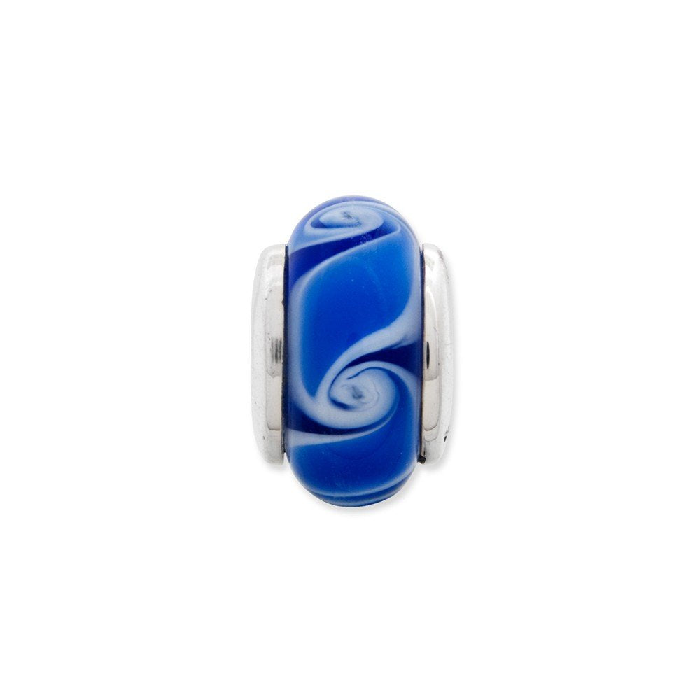 Kids Collection Sterling Silver Hand-blown Blue Glass Wave Pattern Reflections Bead