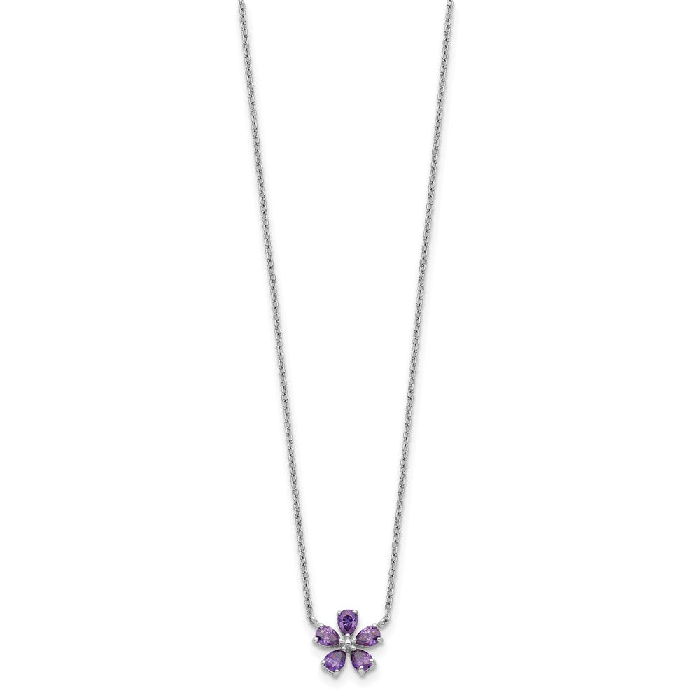 Sterling Silver Purple CZ Flower Necklace 18 Inches