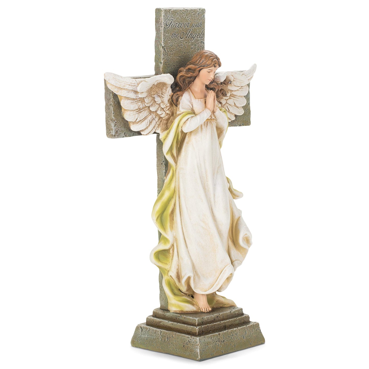 FOREVER WITH THE ANGELS Memorial Angel with Cross Stone Resin Statue QGM15729