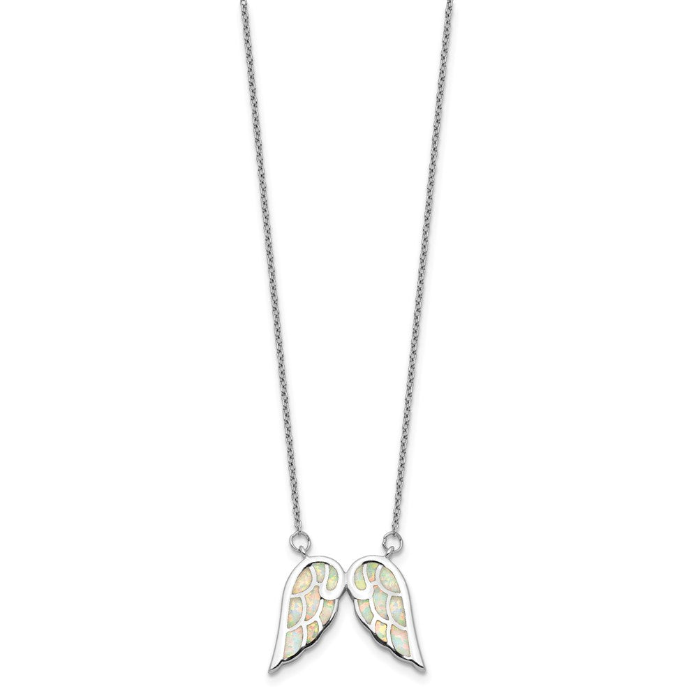 Sterling Silver Rhod-plated Created Opal Wings w/1.5in ext Necklace 16.5 Inches