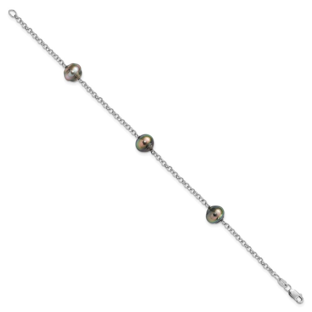 Sterling Silver Rhodium-plated 8-9mm Black Baroque Tahitian Saltwater Cultured Pearl 3-Station 7.5 inch Bracelet 7.5 inches