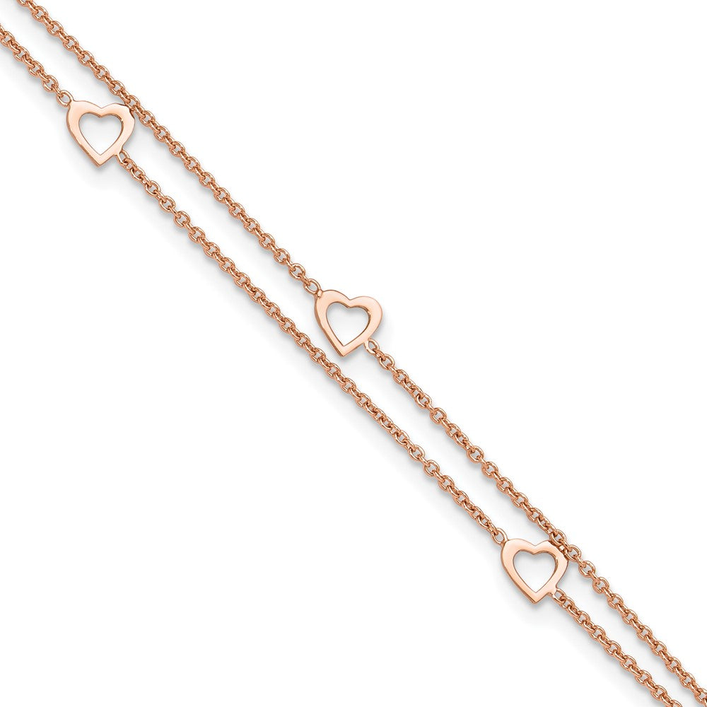 Sterling Silver Rose-tone Polished Heart 10in Plus 1in Anklet
