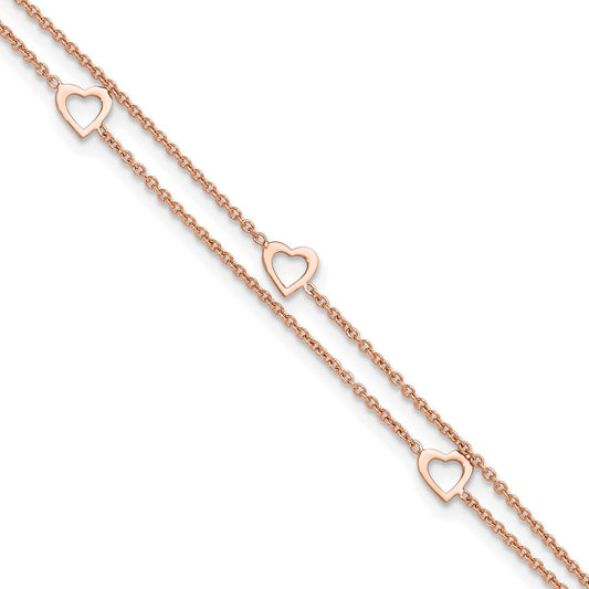Sterling Silver Rose-tone Polished Heart 10in Plus 1in Anklet