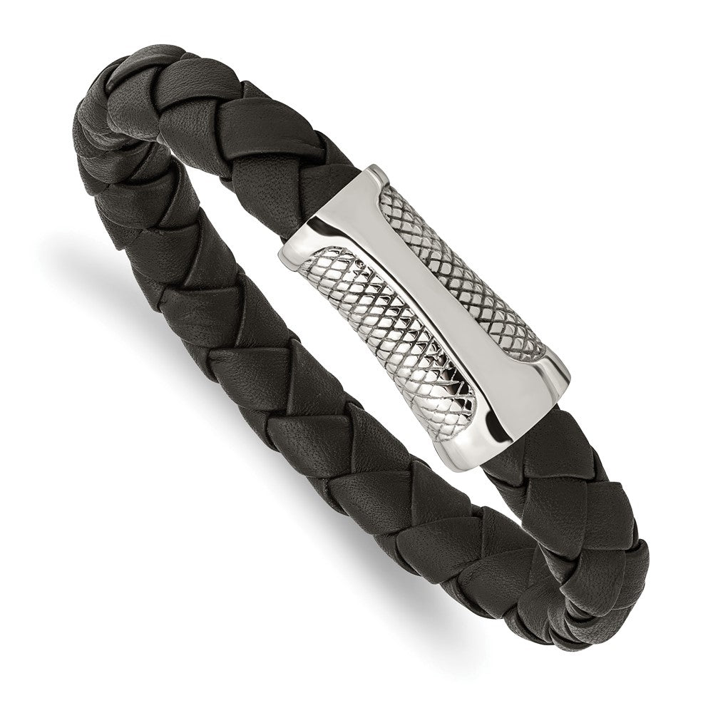 Stainless Steel Polished and Textured Black Leather 8.5in Bracelet 8.5 inches
