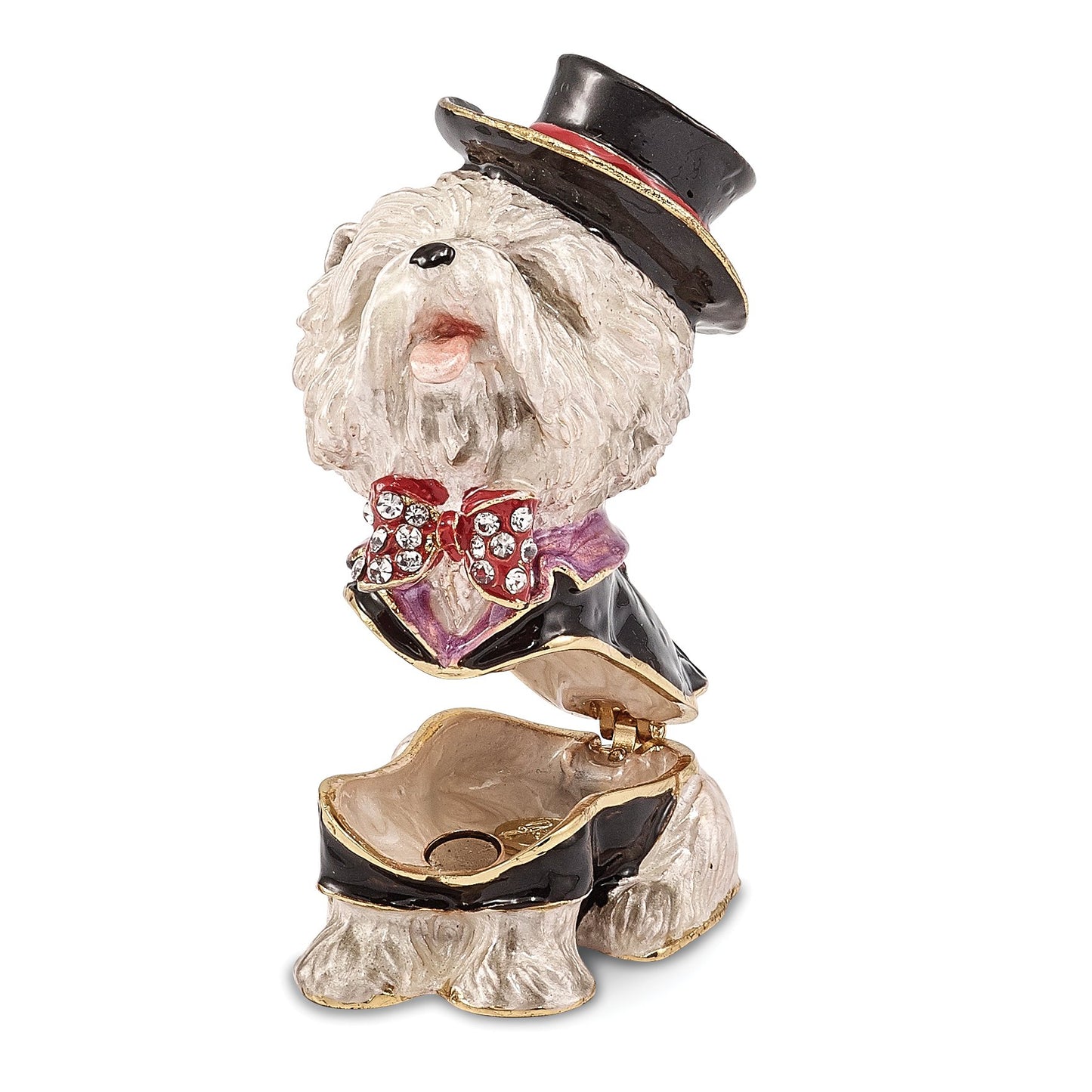 Jere Luxury Giftware Bejeweled R. BUTLER Tuxedo Dog Pewter and Enamel Trinket Box and Matching Pendant Charm