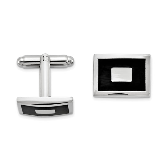 Silver-tone Black Enameled Rectangular Cuff Links QGM16937