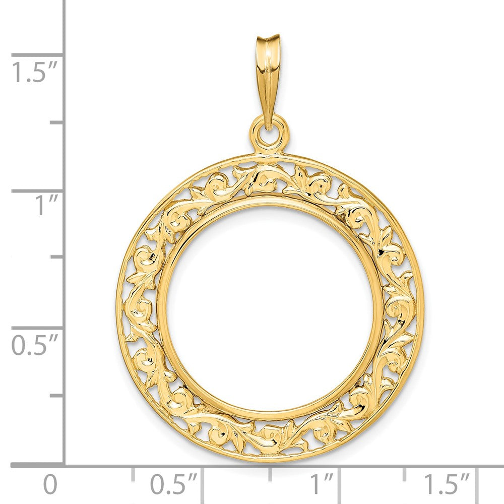 Wideband Distinguished Coin Jewelry 14k Polished Curved Filigree 21.6mm Prong Coin Bezel Pendant